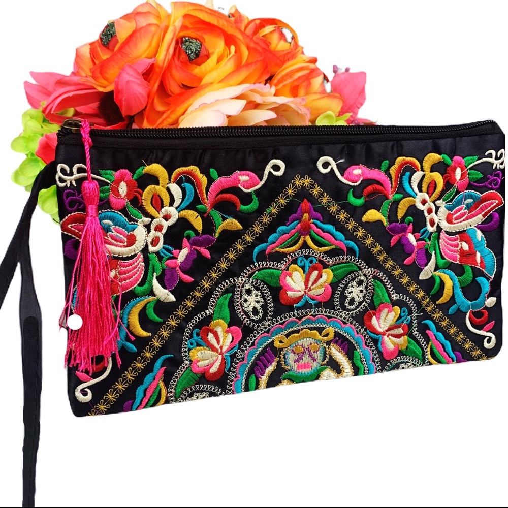 Colorful Floral Embroidered Pink Tassel Wristlet - Picture 15 of 15